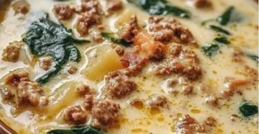 Käsesuppe mit Hackfleisch in einer Schüssel serviert