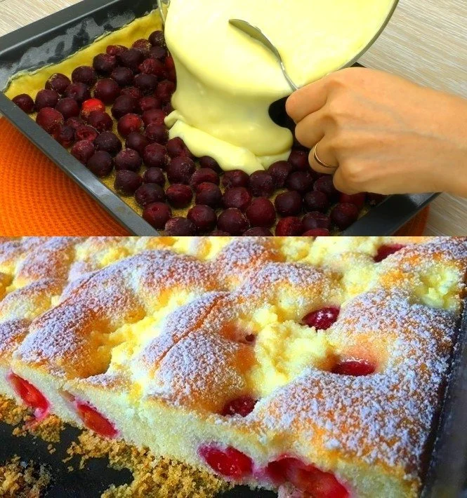 Kirsch-Quark-Kuchen mit frischen Kirschen und cremigem Quarkbelag