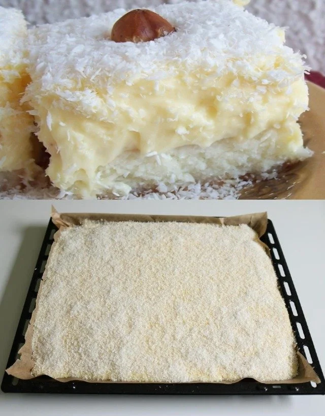 Kokos-Rührkuchen mit Vanillepudding auf einem Teller serviert