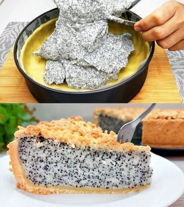 Mohnkuchen mit Streuseln auf einem Teller, frisch gebacken und lecker dekoriert