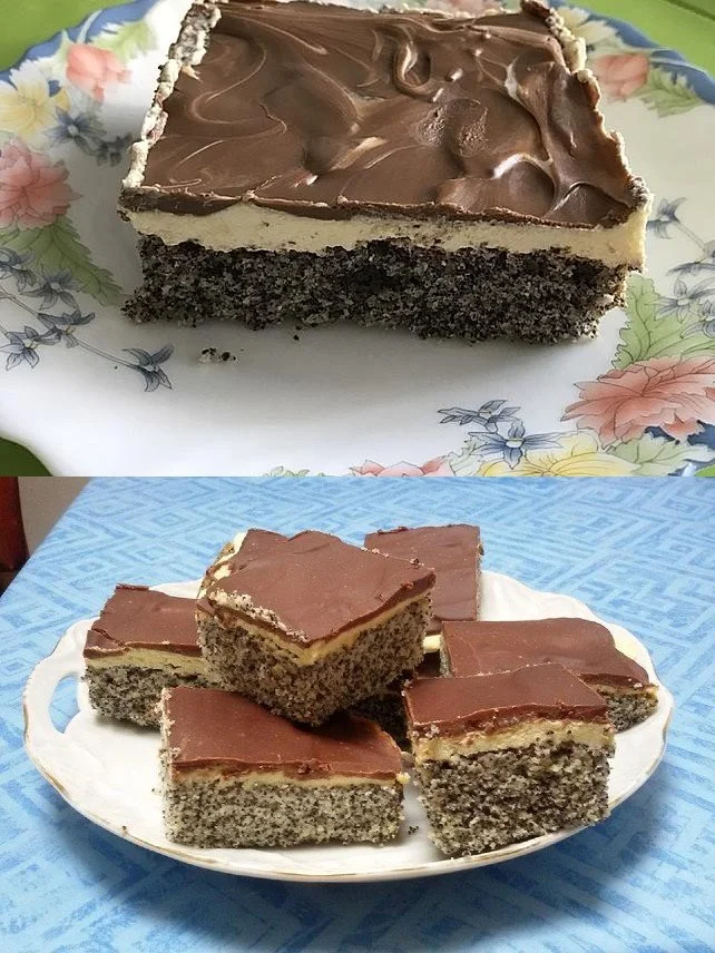Leckerer Mohnkuchen mit Vanillecreme und Schokolade als Dessert.