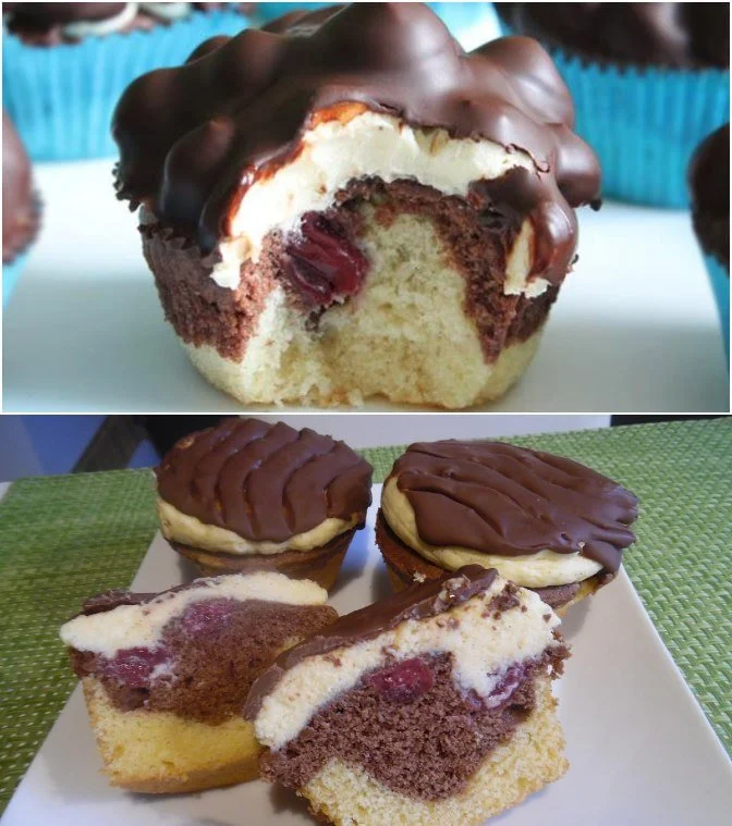 Leckere Muffins mit Sauer-Kirschen und Vanillepudding auf einem Teller.