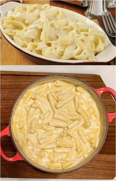 Nudeln mit cremiger Knoblauch-Käse-Sauce, serviert in einer Schüssel, lecker und befriedigend.