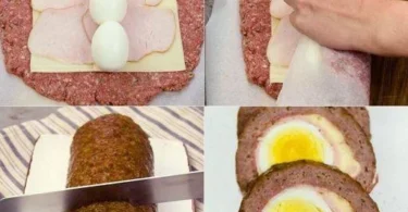Traditionelles Rezept für Omas Falscher Hase Gericht auf einem rustikalen Tisch.