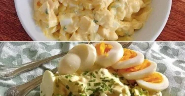 Omas Knoblauch-Eiersalat in einer Schüssel serviert, frisch zubereitet.