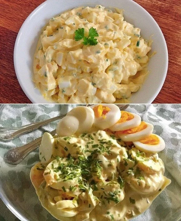 Omas Knoblauch-Eiersalat in einer Schüssel serviert, frisch zubereitet.