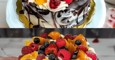 Pancake Cake mit frischem Obst auf einem Teller