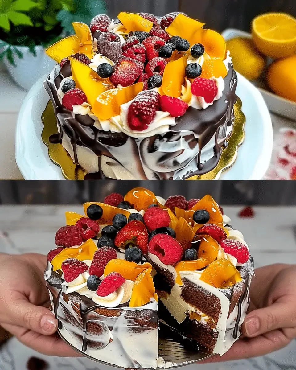 Pancake Cake mit frischem Obst auf einem Teller