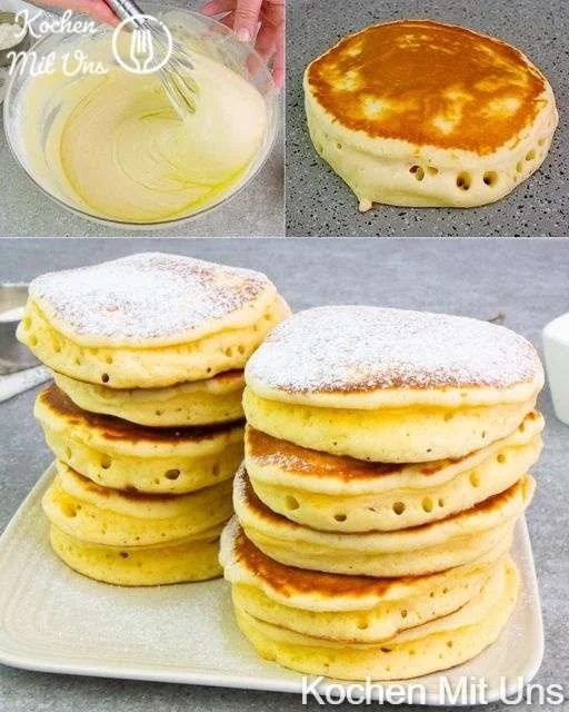 Leckere Pfannkuchen mit frischen Früchten und Sirup serviert.