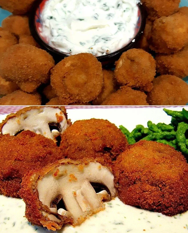 Panierte Champignons mit frischem Kräuterquark auf einem Teller.