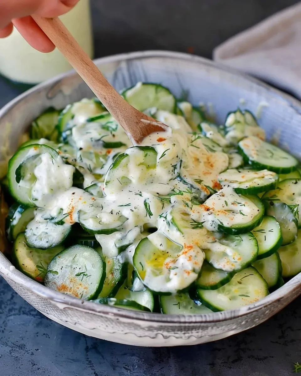 Paprika Gurken Salat mit Joghurt-Senf-Dressing in einer bunten Schüssel