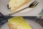 Paradiescreme Kuchen mit Mandarinen auf einem Teller serviert