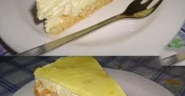 Paradiescreme Kuchen mit Mandarinen auf einem Teller serviert