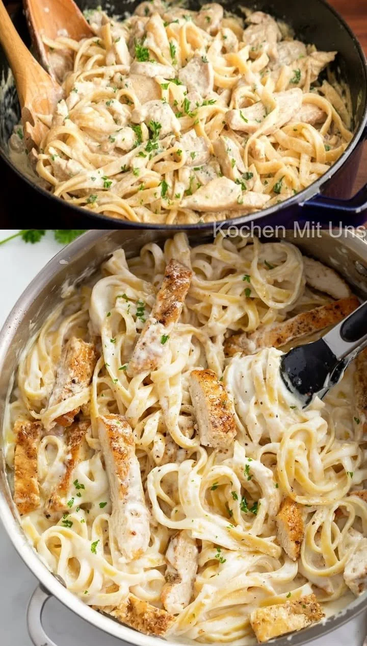 Pasta mit Hähnchenbrust in Käsesauce auf einem Teller serviert.