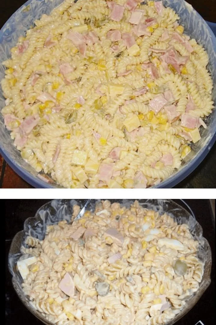 Leckerer Pasta-Salat mit geheimen Zutaten serviert in einer Schüssel