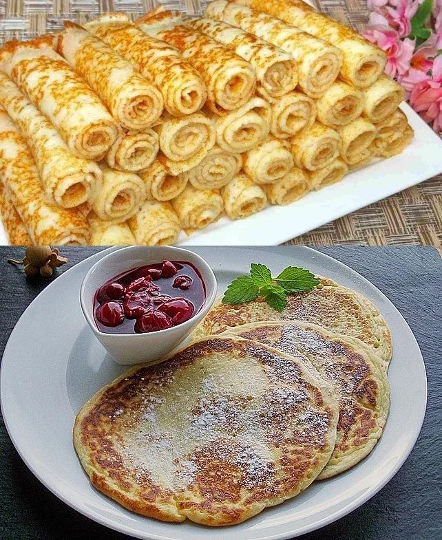 Leckere selbstgemachte Pfannkuchen mit frischen Früchten und Sirup