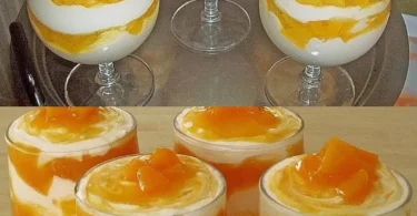 Leckeres Pfirsich-Cremedessert mit frischen Zutaten serviert.