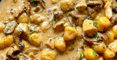 Pilz-Rahm-Gnocchi mit Hühnchen in einer cremigen Sauce serviert