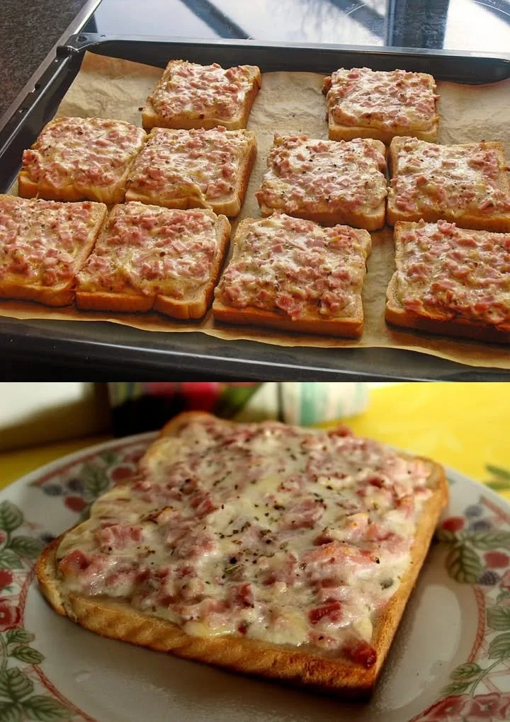 Leckere Pizza Toast mit Käse und Tomaten auf knusprigem Brot