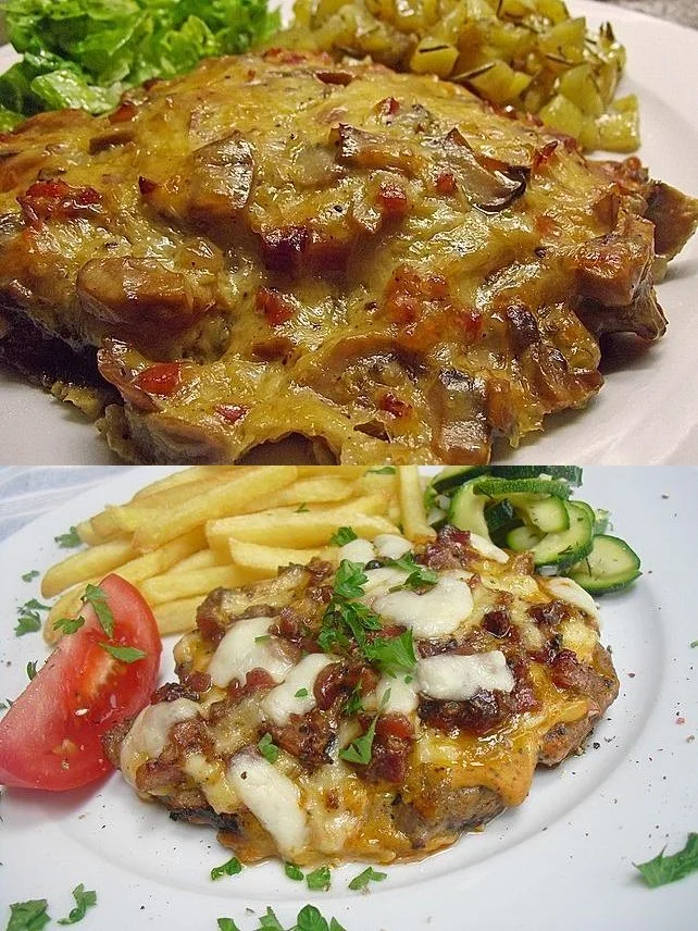 Zartes Schweinesteak mit Bacon und geschmolzenem Käse auf einem Teller