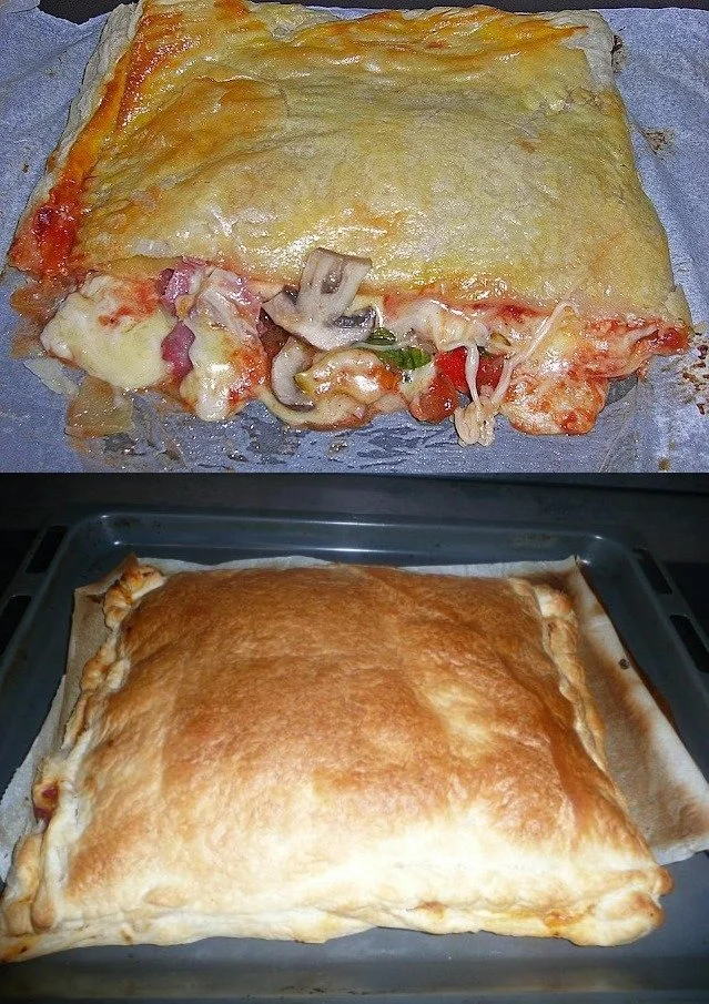 Puff-Pastete mit Salami und Gemüse auf einem Teller serviert