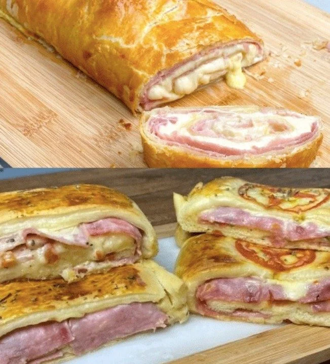 Blätterteig Strudel mit Schinken und Käse auf einem Teller serviert