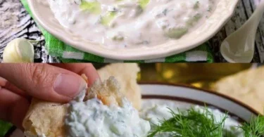 Quark-Dip mit Gurke auf einem Teller, ideal als Snack oder Dip.
