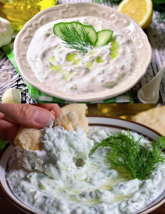 Quark-Dip mit Gurke auf einem Teller, ideal als Snack oder Dip.