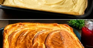 Quark Pudding Kuchen auf einem Teller, dekoriert mit frischen Früchten