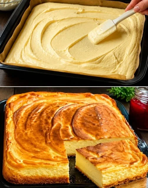 Quark Pudding Kuchen auf einem Teller, dekoriert mit frischen Früchten
