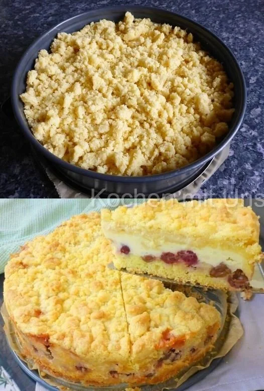 Quark Streuselkuchen mit Vanille Kirschfüllung, frisch aus dem Ofen