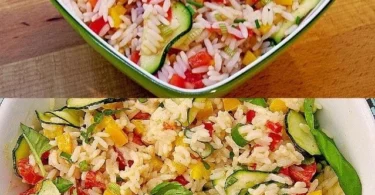 Leckerer Reisgemüsesalat mit frischem Gemüse und gesunden Zutaten