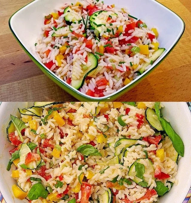 Leckerer Reisgemüsesalat mit frischem Gemüse und gesunden Zutaten