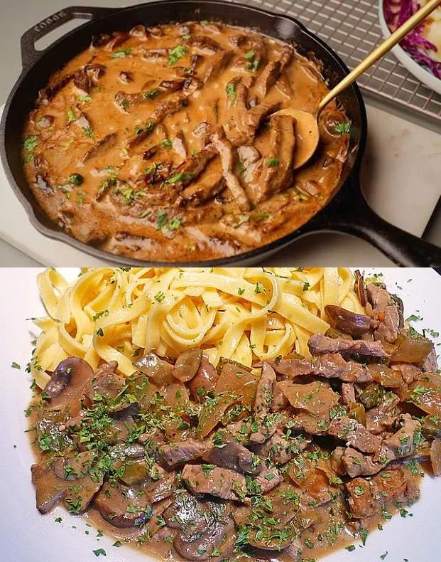 Köstliches Rindfleisch Stroganoff auf einem Teller serviert