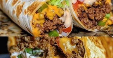 Roll mit Hackfleisch und Käse auf einem Teller serviert.