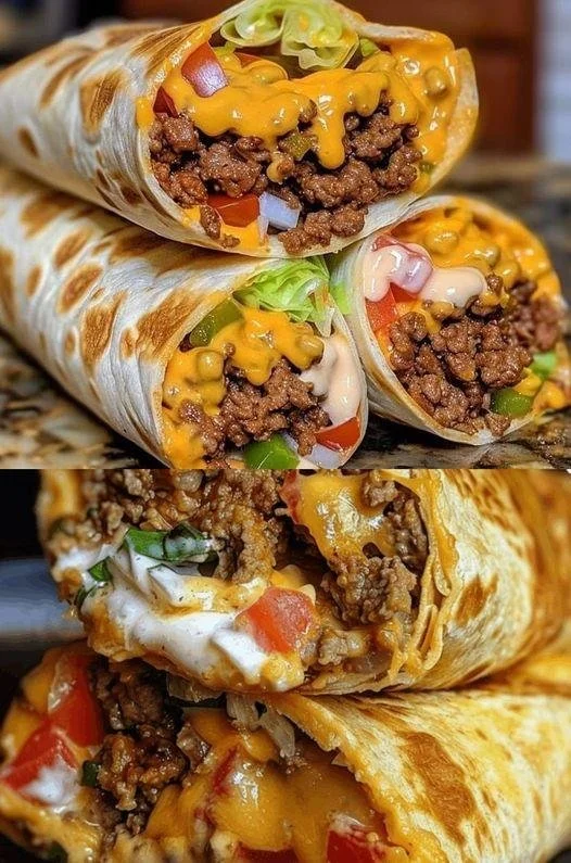 Roll mit Hackfleisch und Käse auf einem Teller serviert.