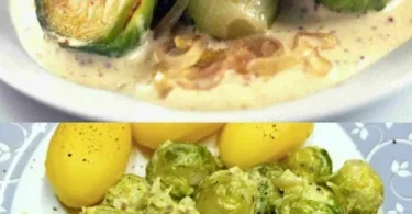 Rosenkohl serviert mit cremiger Senfsauce auf einem Teller