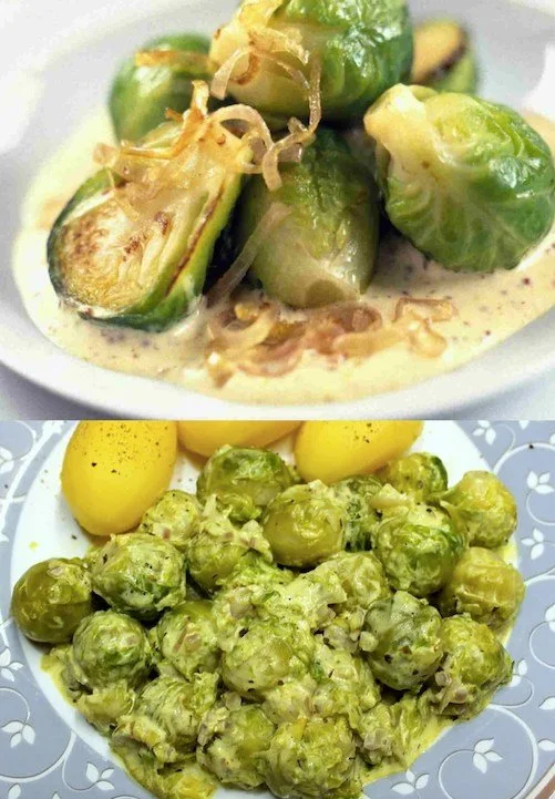 Rosenkohl serviert mit cremiger Senfsauce auf einem Teller