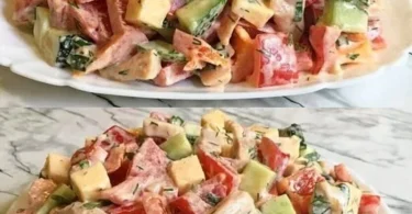 Salat mit frischem Kräutermix und Emmentaler auf einem Teller