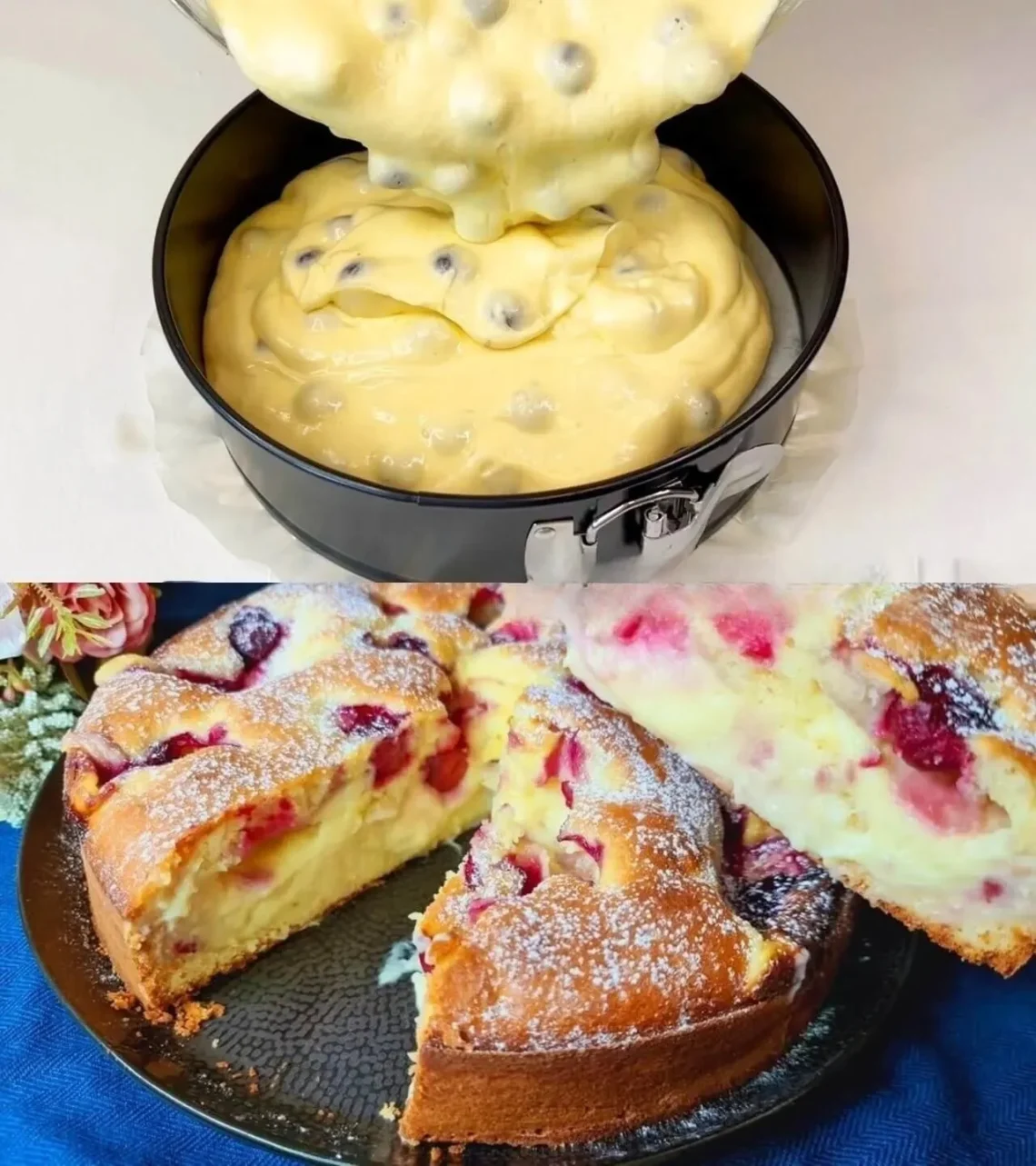 Schneller Kirschkuchen mit Vanillepudding auf einem Teller serviert