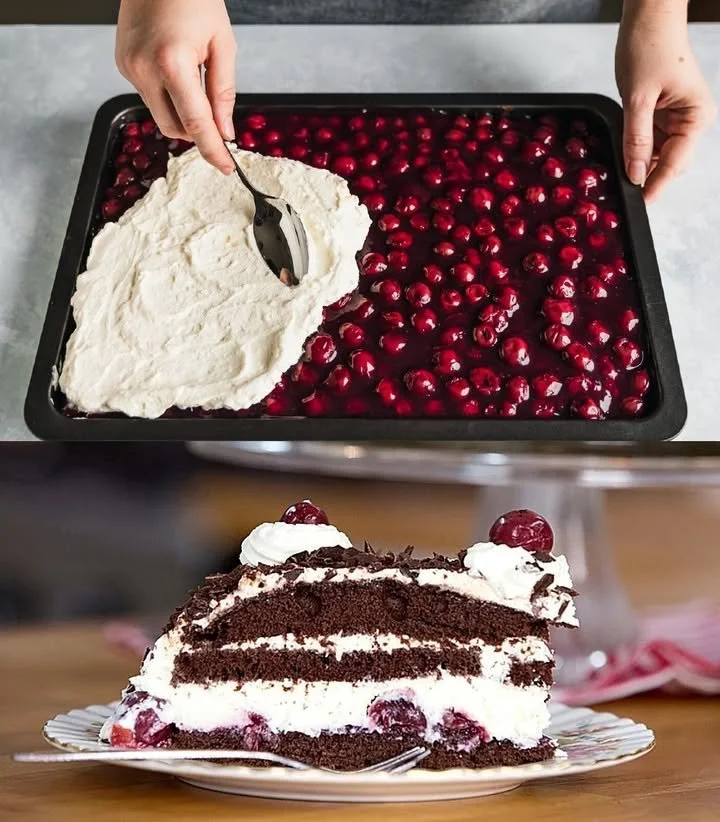 Schokoladenpuddingkuchen mit Sauerkirschen auf einem Teller