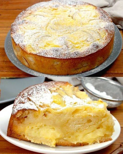 Schweizer Apfelkuchen mit Pudding auf einem Teller serviert