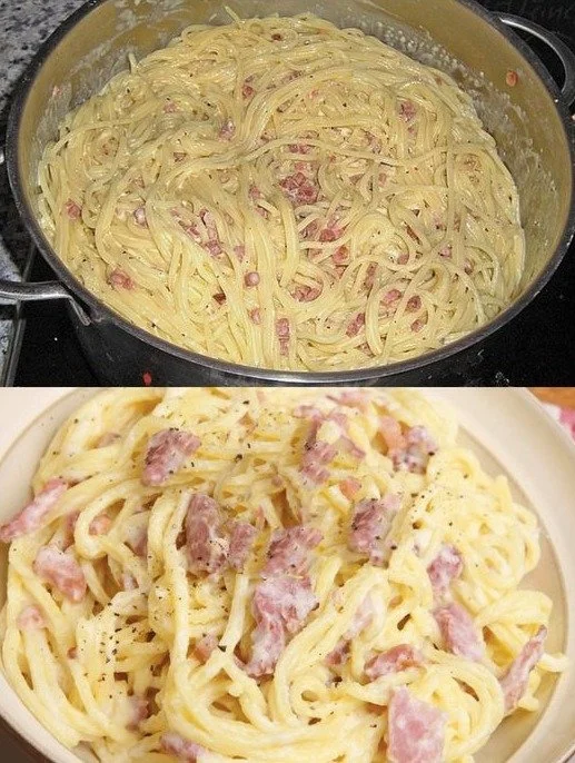 Spaghetti Carbonara im Südtiroler Stil mit frischen Zutaten serviert