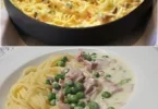 Spaghetti in Käse-Creme-Sauce mit Schinken und Pilzen auf einem Teller