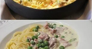 Spaghetti in Käse-Creme-Sauce mit Schinken und Pilzen auf einem Teller