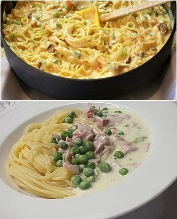 Spaghetti in Käse-Creme-Sauce mit Schinken und Pilzen auf einem Teller