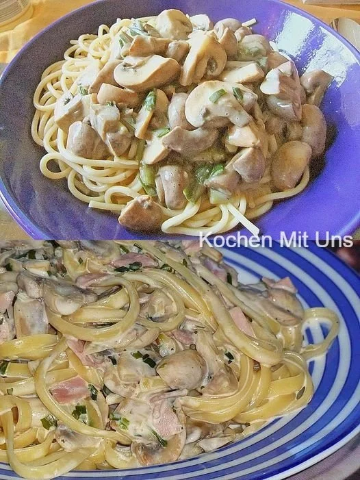 Spaghetti mit Pilz-Parmesan-Sauce auf einem Teller serviert