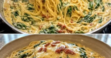 Spaghetti mit Spinat und Frischkäse auf einem Teller serviert