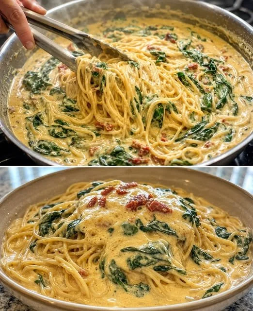 Spaghetti mit Spinat und Frischkäse auf einem Teller serviert