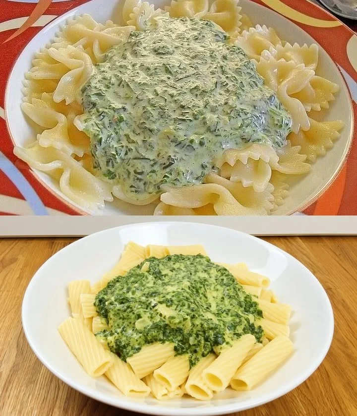 Cremige Spinat-Frischkäse-Sauce über Pasta serviert.